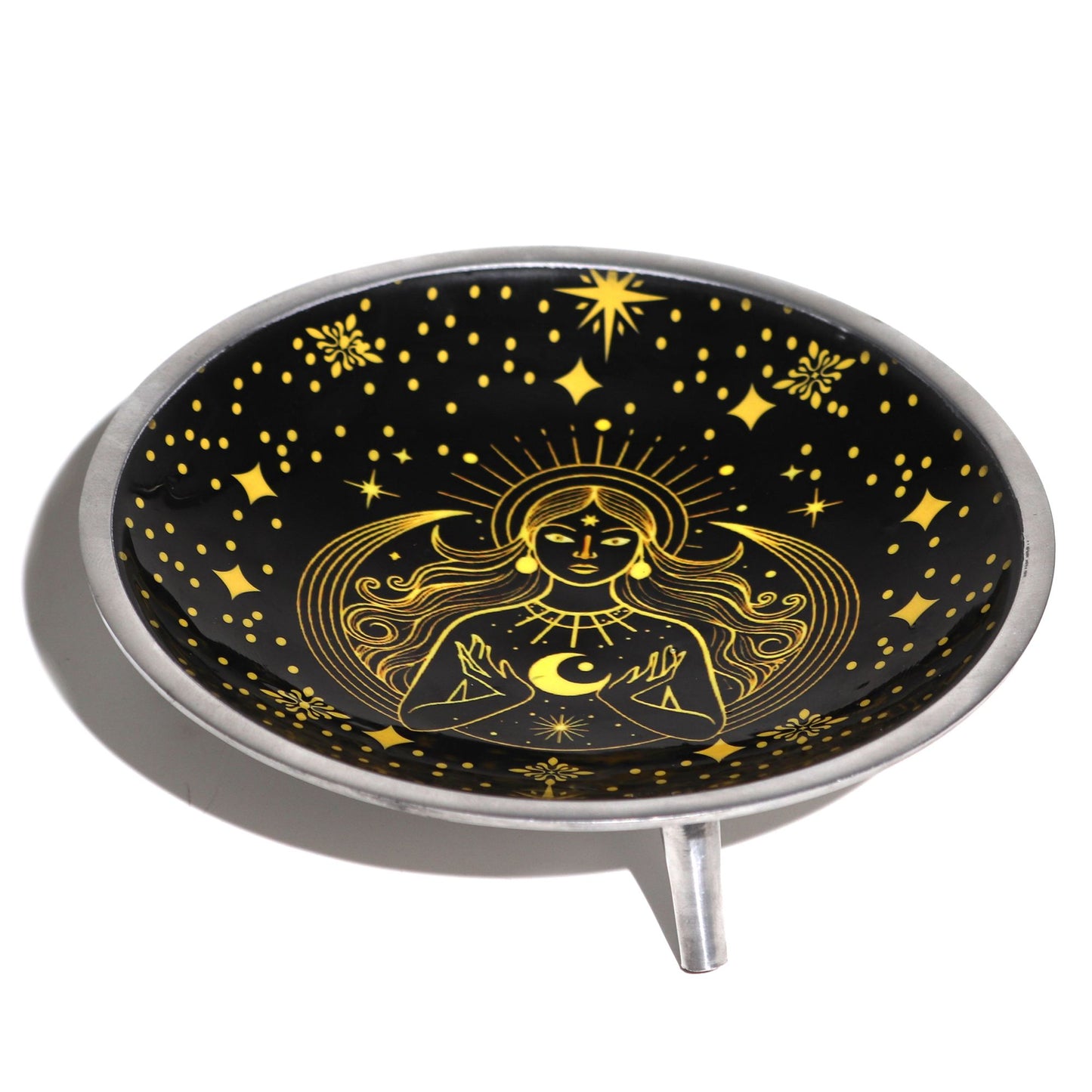 Triple Leg Enamelled Offering Plate Gold Goddess on Black ritual vessel