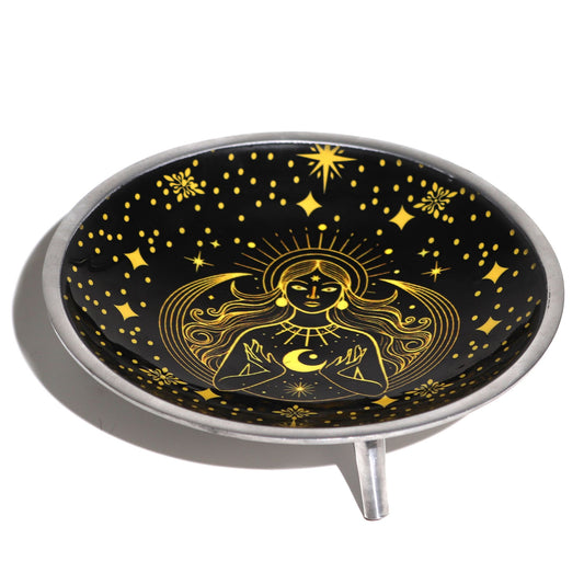 Triple Leg Enamelled Offering Plate Gold Goddess on Black ritual vessel