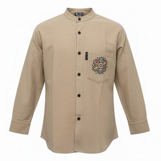 Large stone Nomad Sari Kathmandu cotton shirt with long sleeves, collarless neckline and hand-painted chest pocket detail