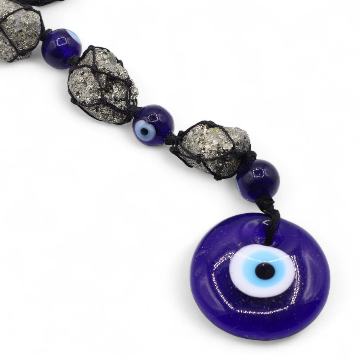 Hanging Stone Pendant - Pyrite Stones & Beads- Evil Eye