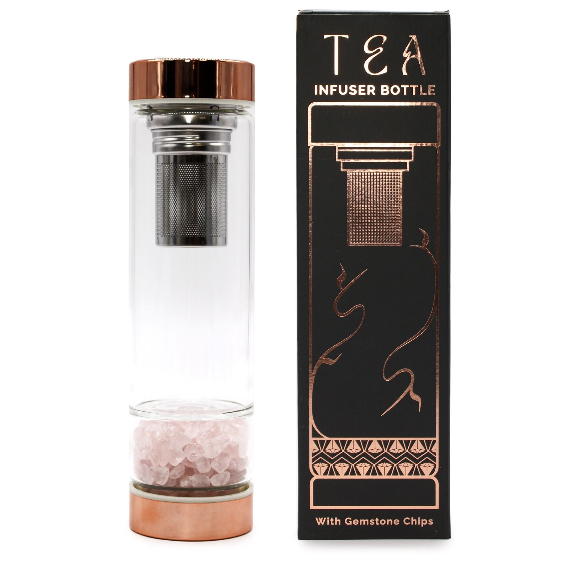 Crystal Glass Tea Infuser Bottle rose gold with rose quartz crystal detail and stainless steel infuser