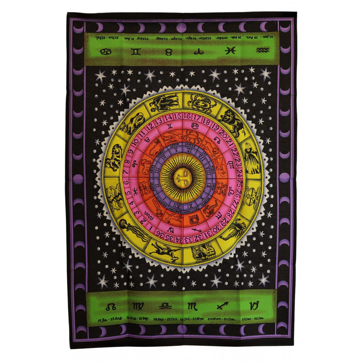 Colourful Zodiac cotton wall art 70x110cm with twelve star signs moon phases stars and celestial wheel
