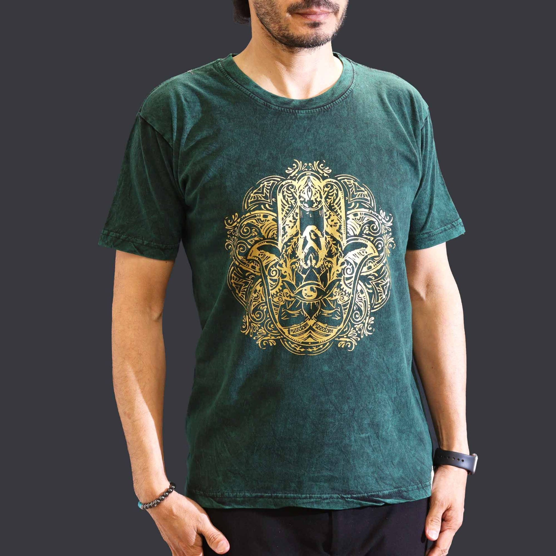 Medium stone washed green Hamsa spiritual t-shirt