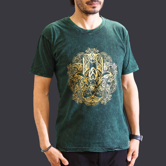 Medium stone washed green Hamsa spiritual t-shirt