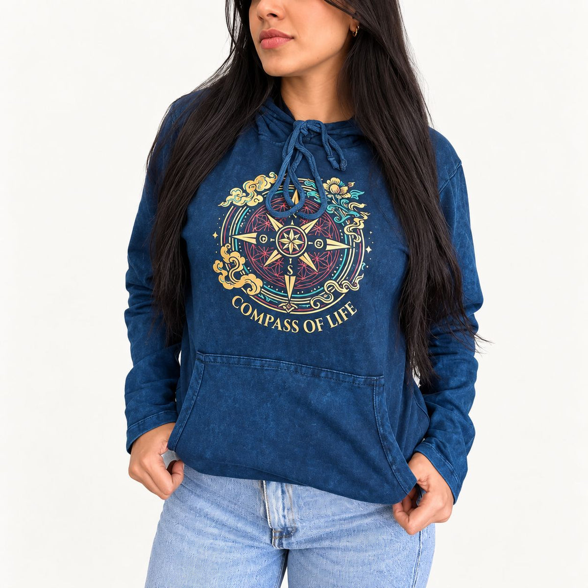 Small Stone Washed Hoody Shirt Kangaroo Pocket - Blue Compass of Life