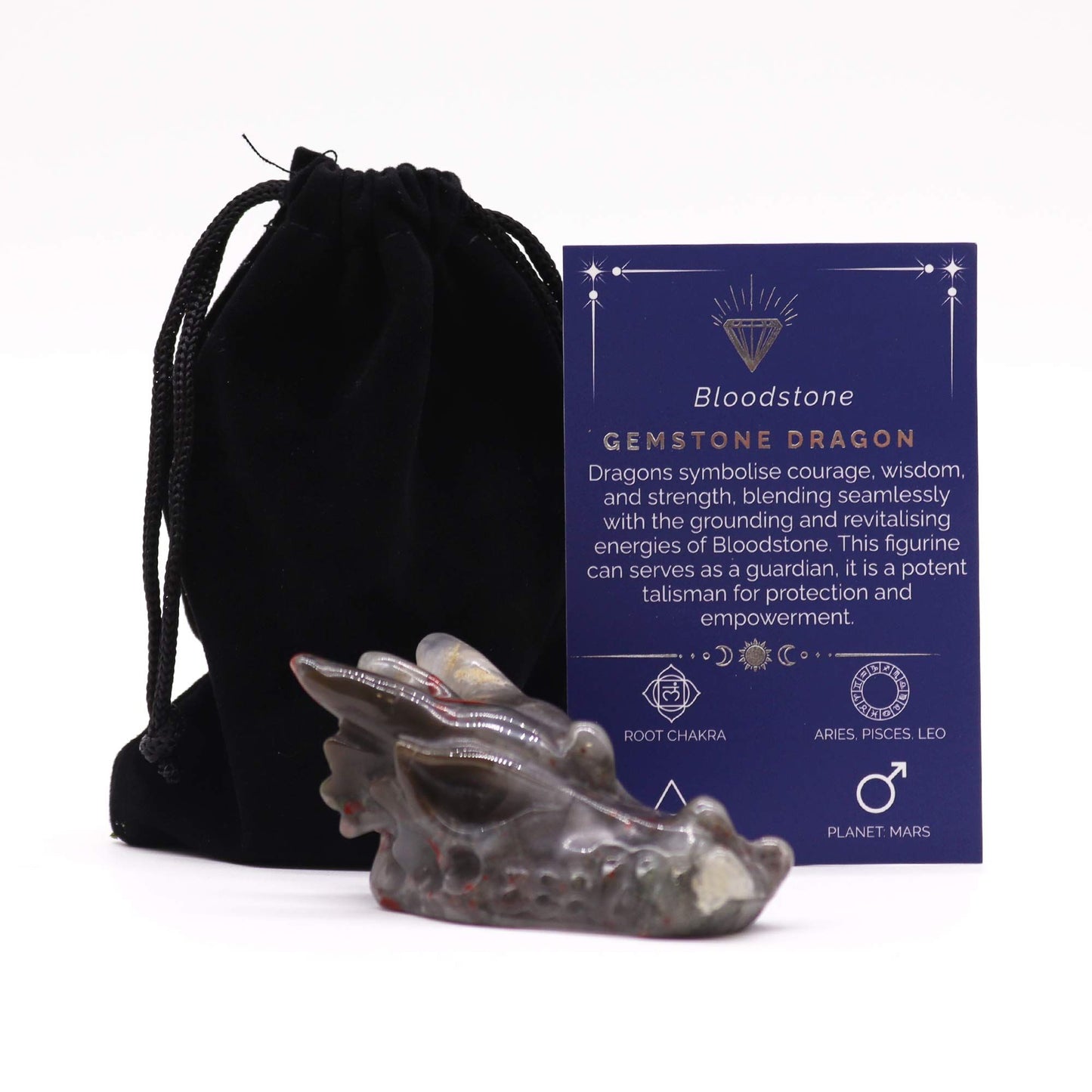 Gemstone Large Dragon Head – hand-carved bloodstone crystal dragon figurine for grounding, courage and décor