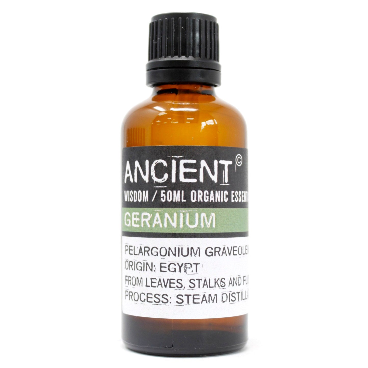 Organic Geranium Essential Oil 50ml with fresh floral green aroma for aromatherapy and home fragrance.
