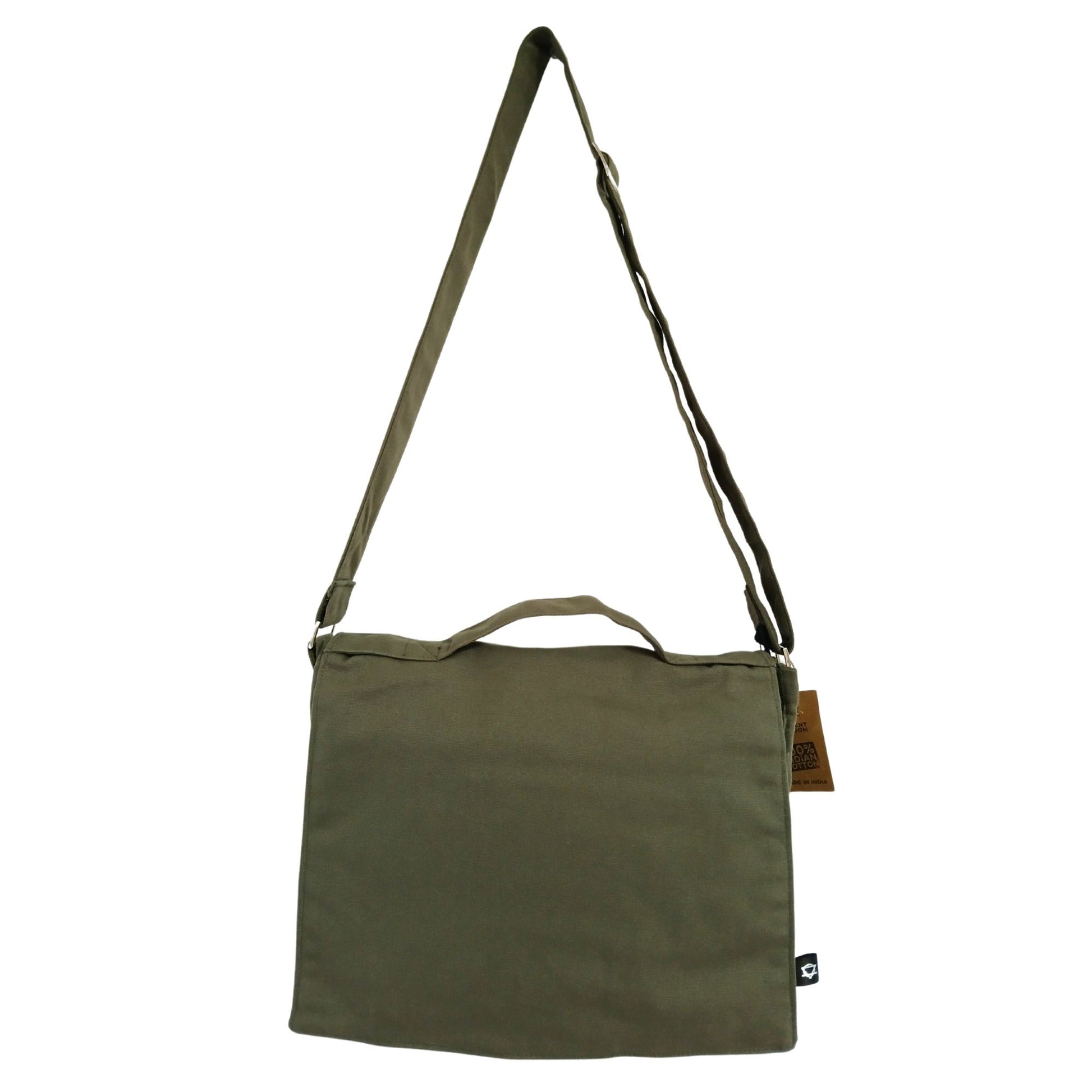 Cotton Canvas Laptop Messenger Bag in olive with adjustable shoulder strap and multiple storage pockets.