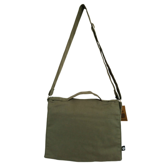 Cotton Canvas Laptop Messenger Bag in olive with adjustable shoulder strap and multiple storage pockets.