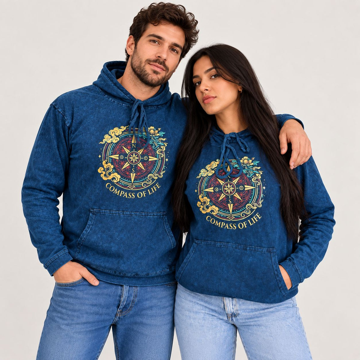 Large blue Compass of Life stone washed cotton hoodie shirt with chest print and kangaroo pocket for alternative casual wear UK