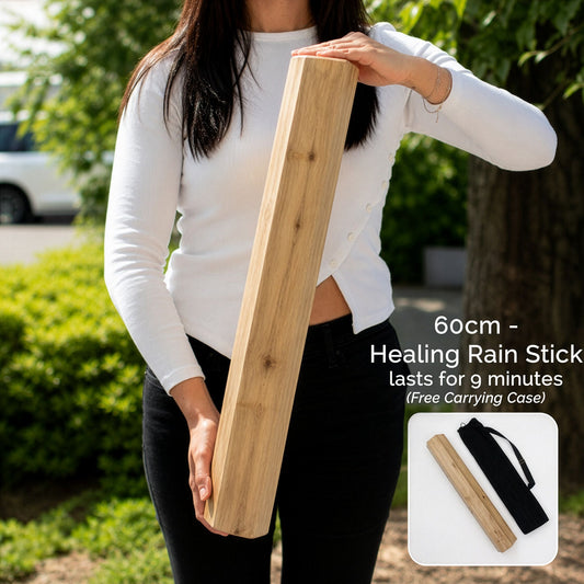 Manglid Wood Healing Rainstick 60cm handcrafted from Indonesian Manglid wood for meditation, sound healing and relaxation.
