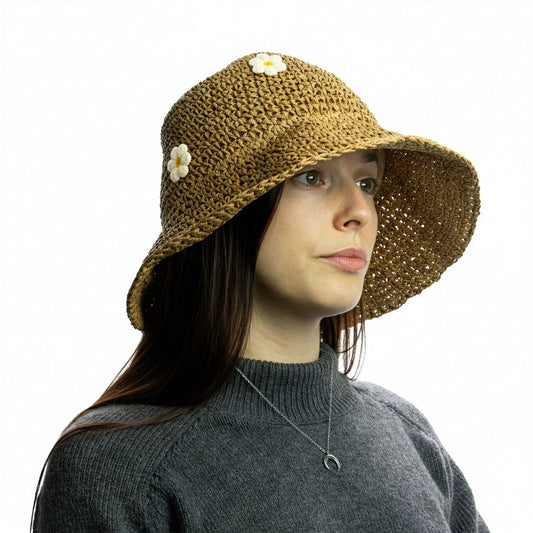 Nomad Sari Floppy Straw Sun Hat beige straw sun hat with blue floral detail