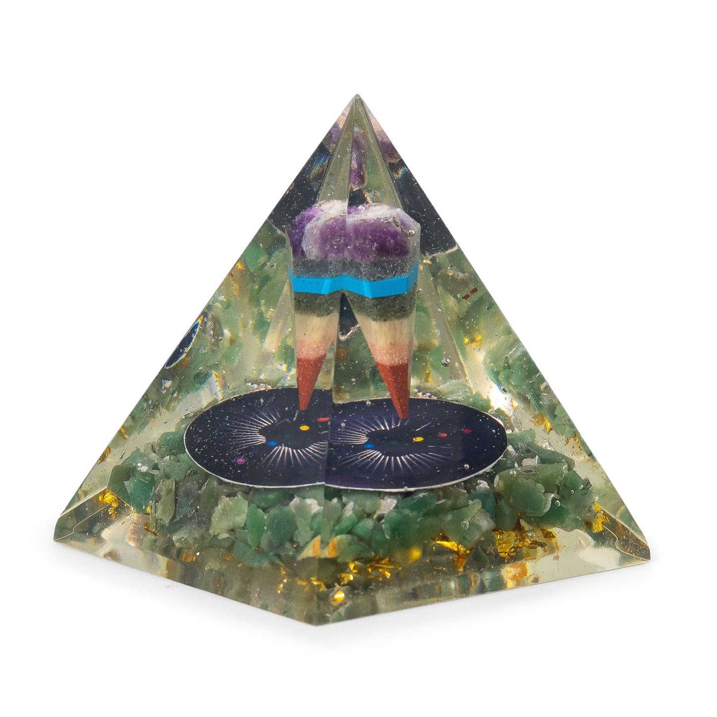 Medium orgonite pyramid with green aventurine chips and internal suspended pendulum in handcrafted resin.