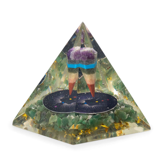 Medium orgonite pyramid with green aventurine chips and internal suspended pendulum in handcrafted resin.