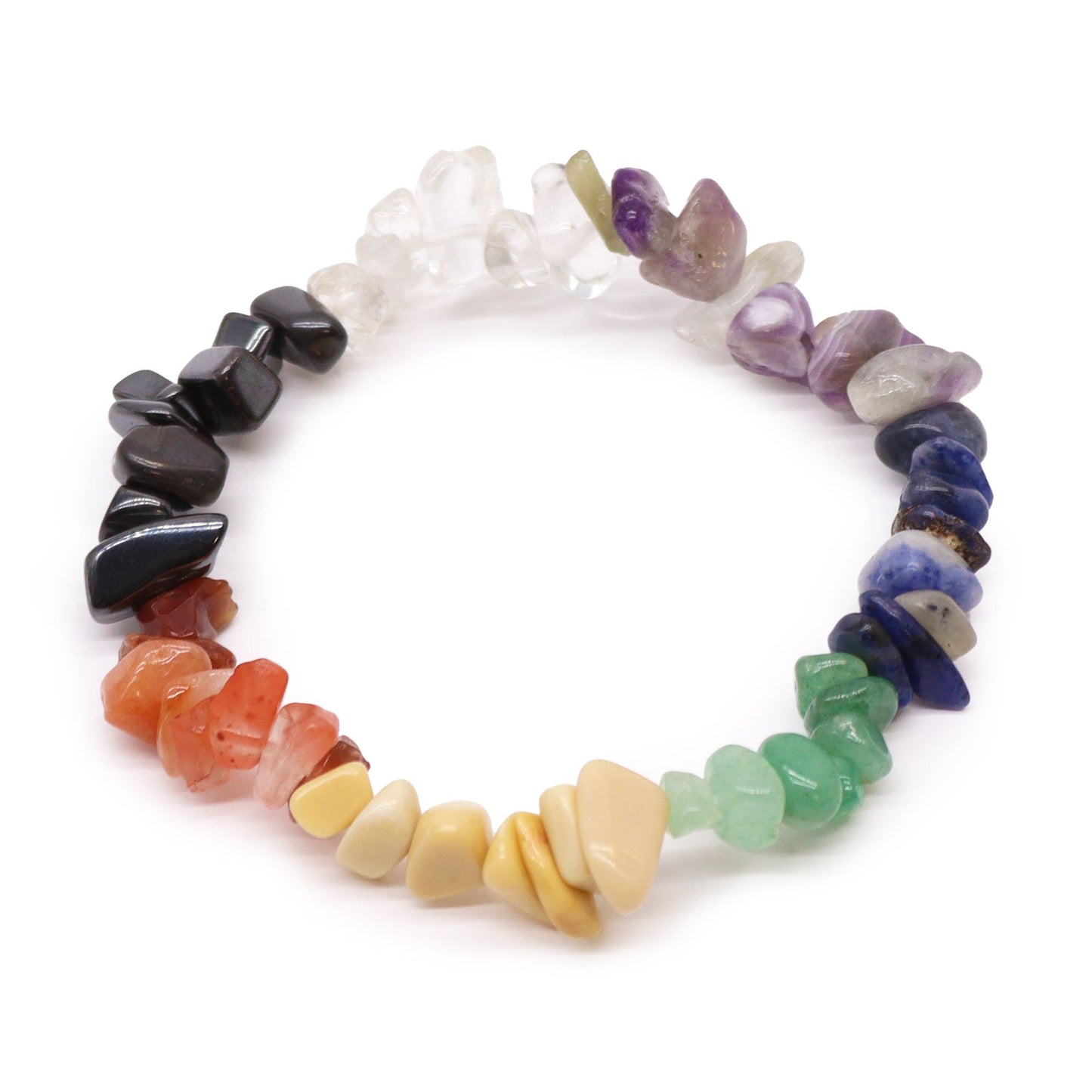 Chakra chipstone stretch bracelet made with amethyst, rock quartz, sodalite, green aventurine, yellow aventurine, carnelian and hematite