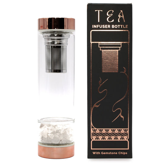 Crystal Glass Tea Infuser Bottle Rose Gold Rock Quartz – 500ml borosilicate glass with removable infuser and clear crystal chamber