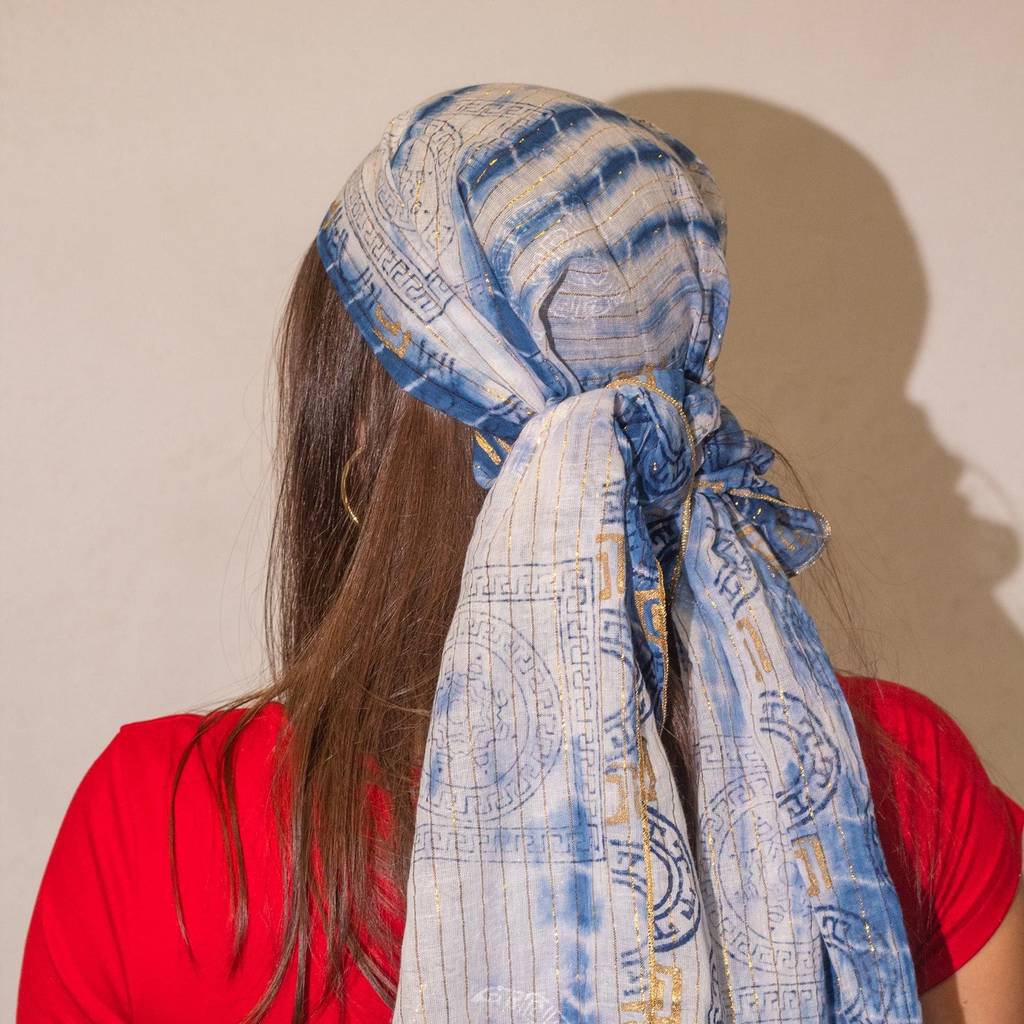 Nomad Sari Summer Marbella Print Scarf - Blue with Gold