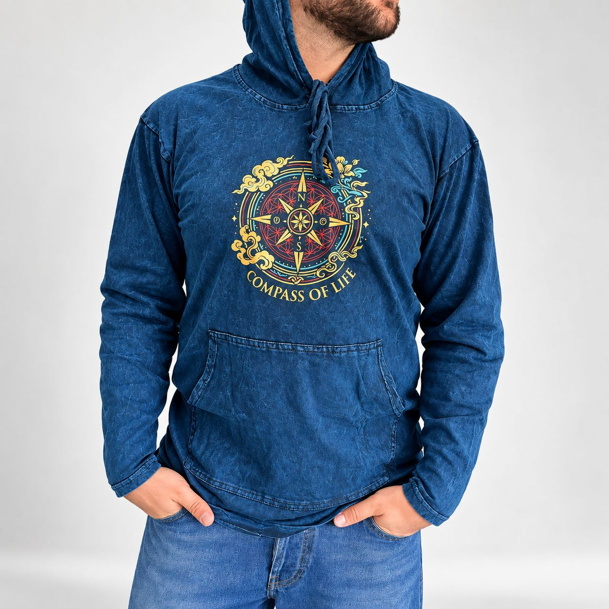 XLarge Stone Washed Hoody Shirt Kangaroo Pocket - Blue Compass of Life