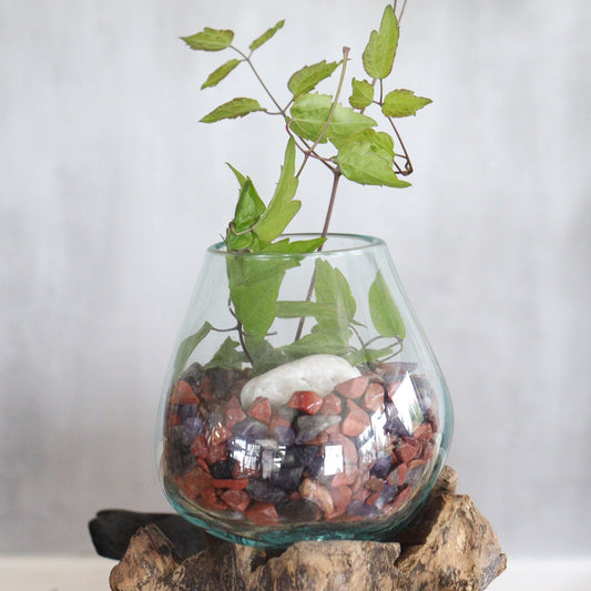 Large molten glass bowl on natural gamal wood stand for plants floating candles and boho home décor UK