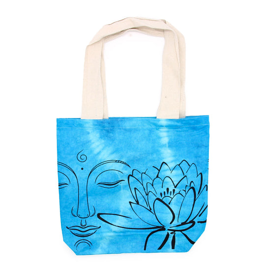 Tye-Dye Cotton Bag - Lotus Buddha - Blue - Natural Handle