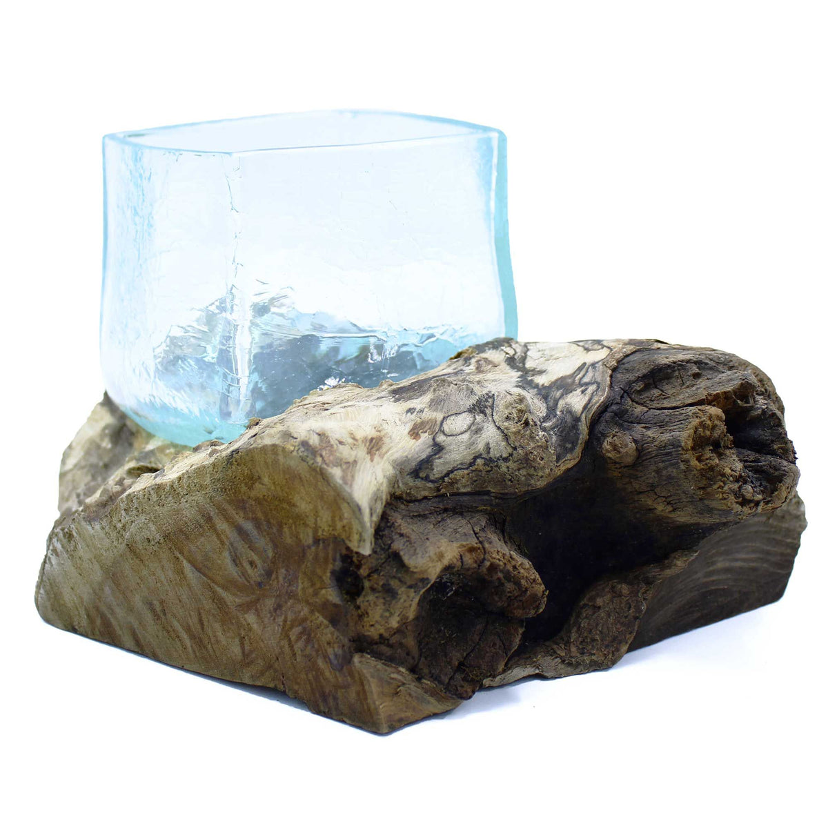 Molten crackled glass tank hand-shaped over natural gamal wood base for decorative displays UK