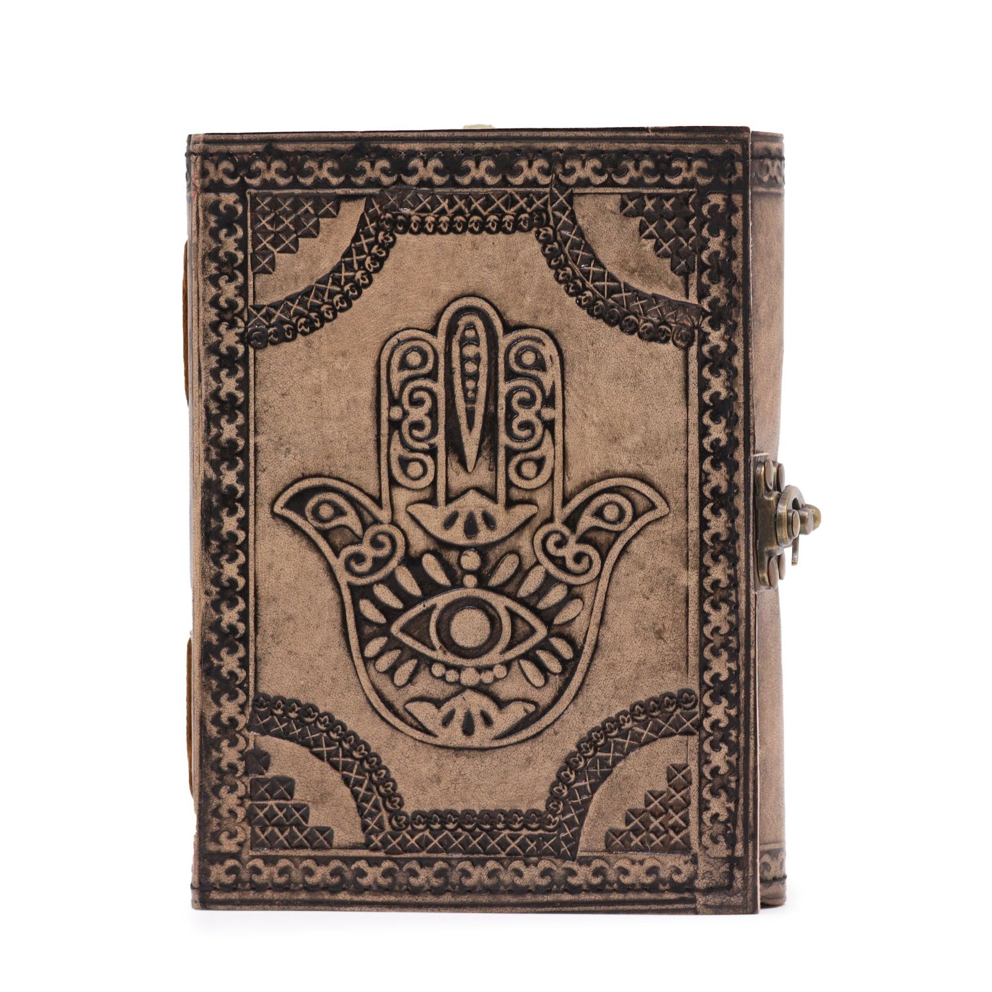 Hamsa Leather Notebook Antique Grey – 200 page stitched journal with embossed protective hand design
