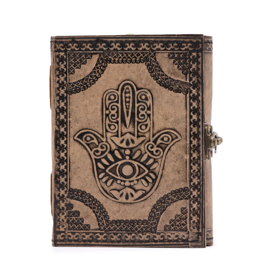Hamsa Leather Notebook Antique Grey – 200 page stitched journal with embossed protective hand design