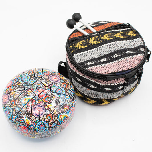 Small black Om Mandala HAPI steel tongue drum with intricate pale artwork, two mallets and protective carry bag
