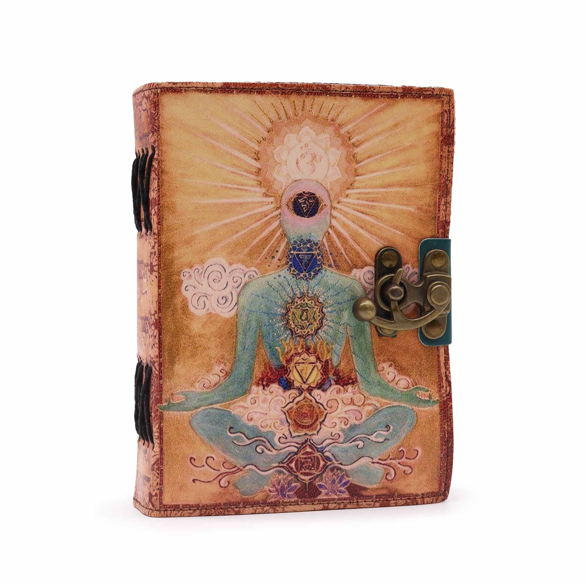 Buddha Seven Chakra Leather Notebook – deckle edge journal with clasp closure and textured pages