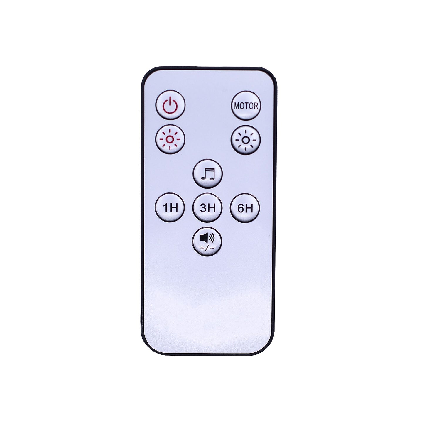 A slim white rectangular remote control with rounded corners shows labeled buttons: MOTOR, 1H, 3H, 6H, +/-, a power symbol, brightness icons, a music-note icon and a speaker icon on a plain white background.