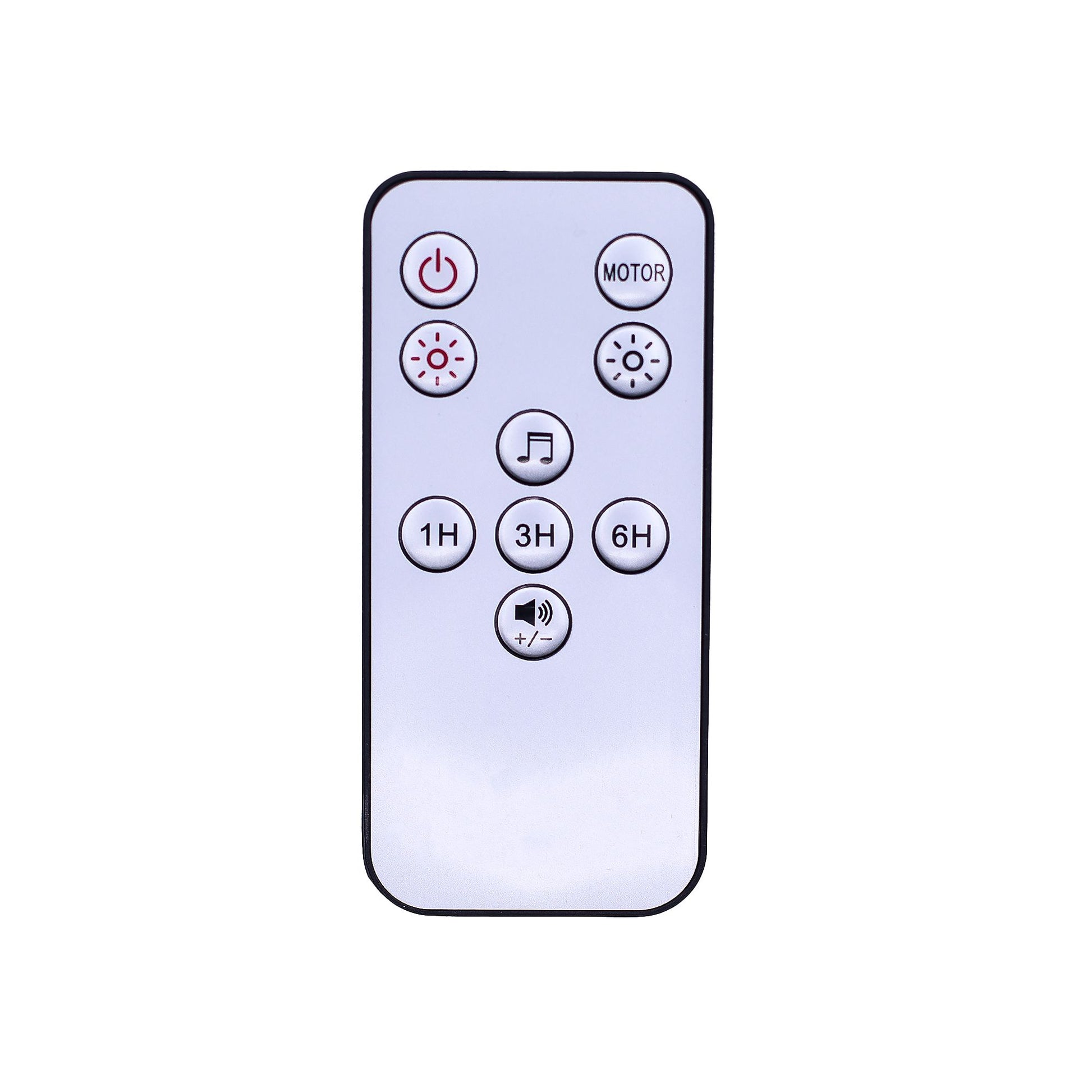A slim white rectangular remote control with rounded corners shows labeled buttons: MOTOR, 1H, 3H, 6H, +/-, a power symbol, brightness icons, a music-note icon and a speaker icon on a plain white background.
