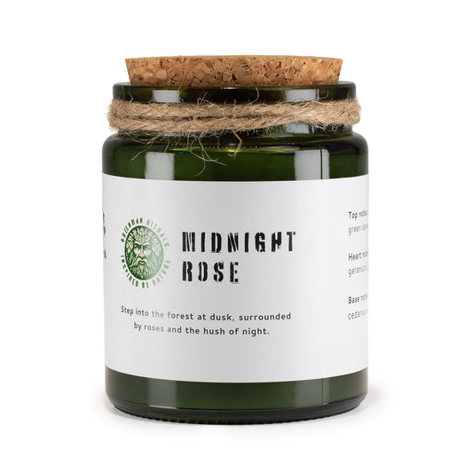 Greenman Woodwick Soy Candle – Midnight Rose dark floral soy candle with wooden wick and soft crackle flame