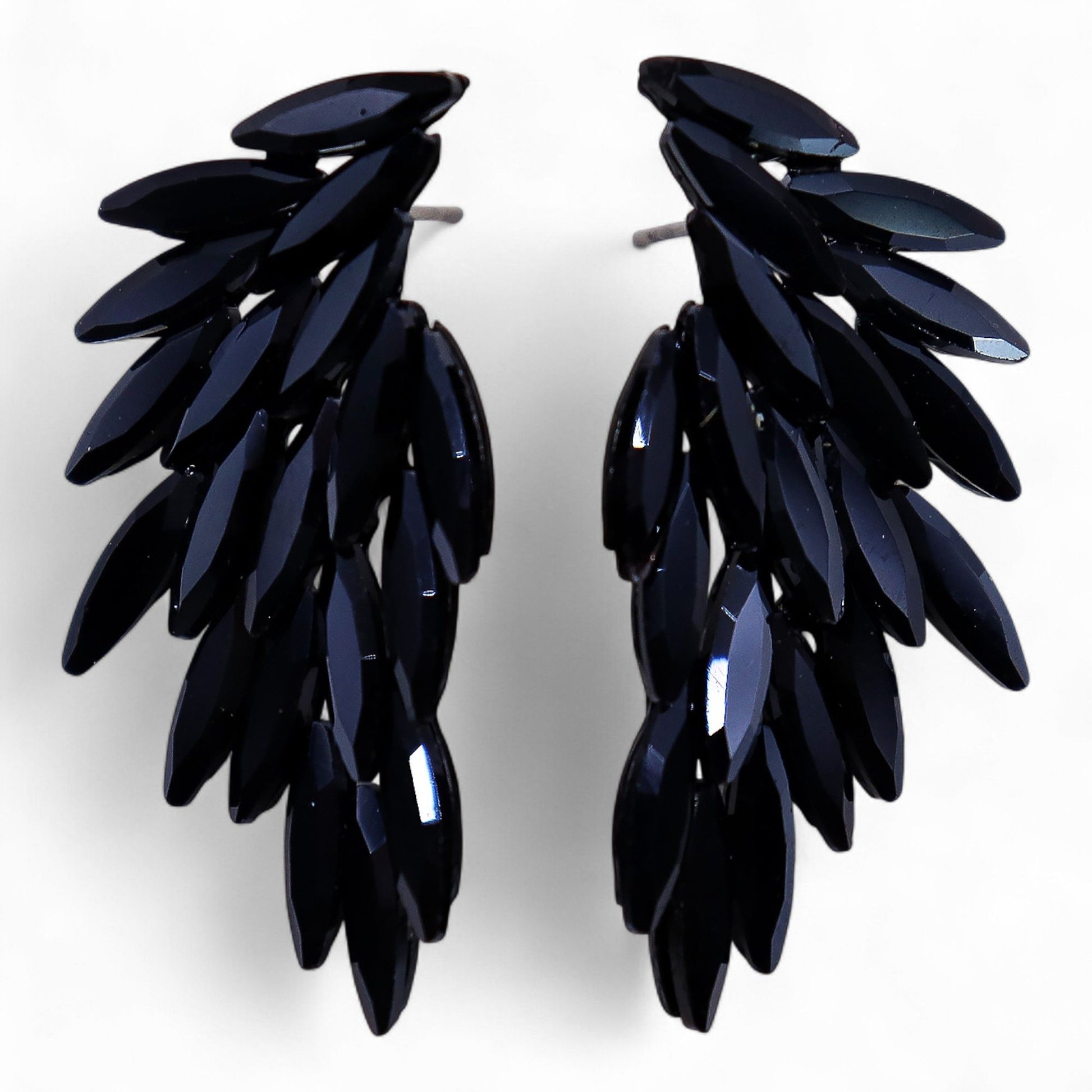 Jet black vintage glass wing earrings, lightweight boho jewellery UK