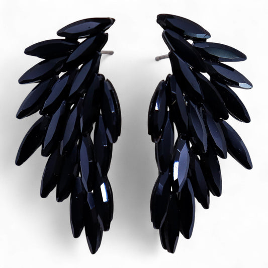 Jet black vintage glass wing earrings, lightweight boho jewellery UK