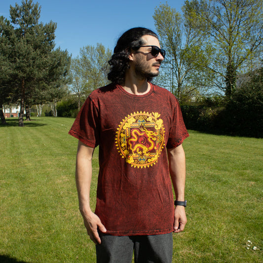 Medium Nomad Sari Stonewashed Cotton T-Shirt in maroon with Dragon Mandala design on soft double stonewashed cotton.