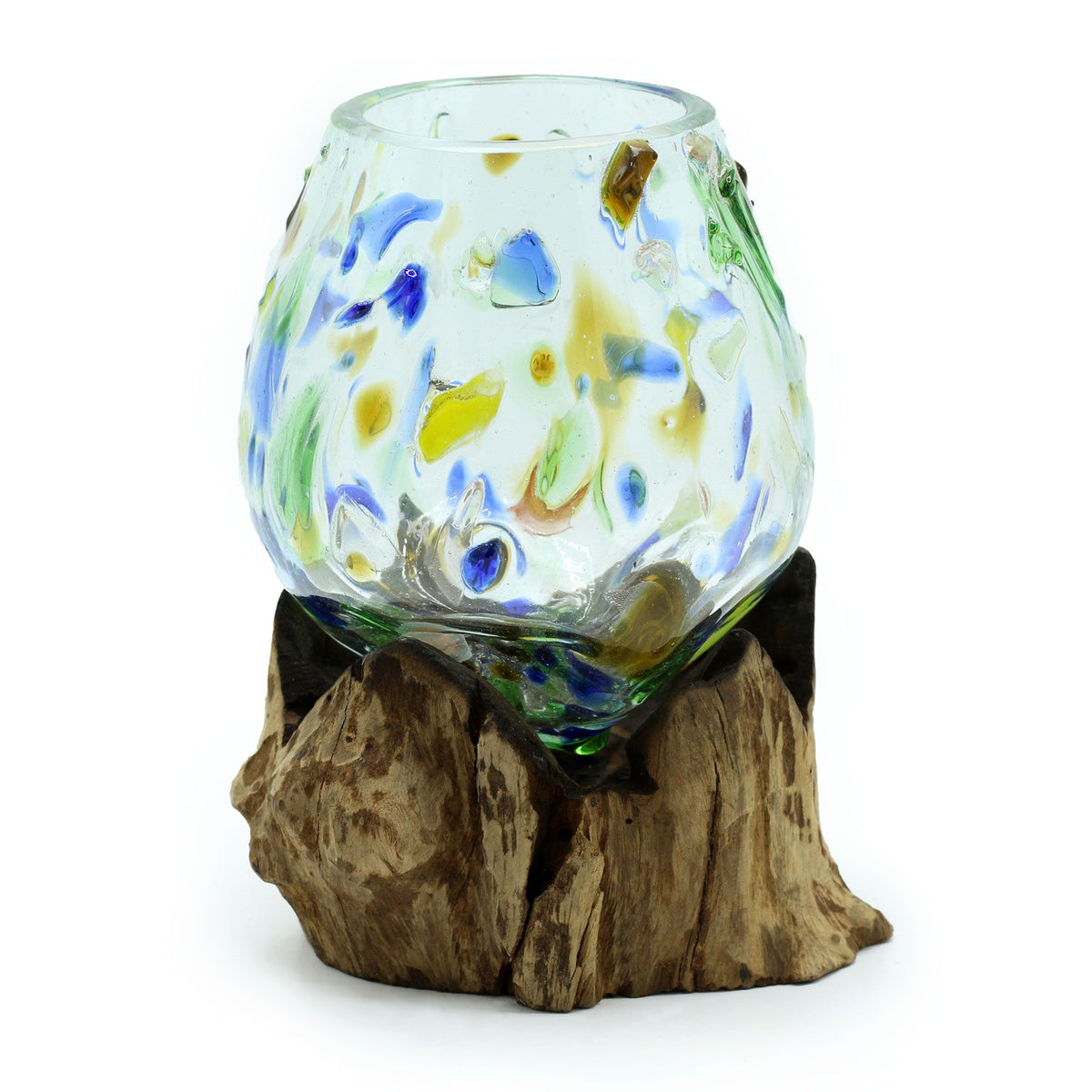 Medium molten coloured glass bowl shaped over natural gamal wood base for decorative displays UK