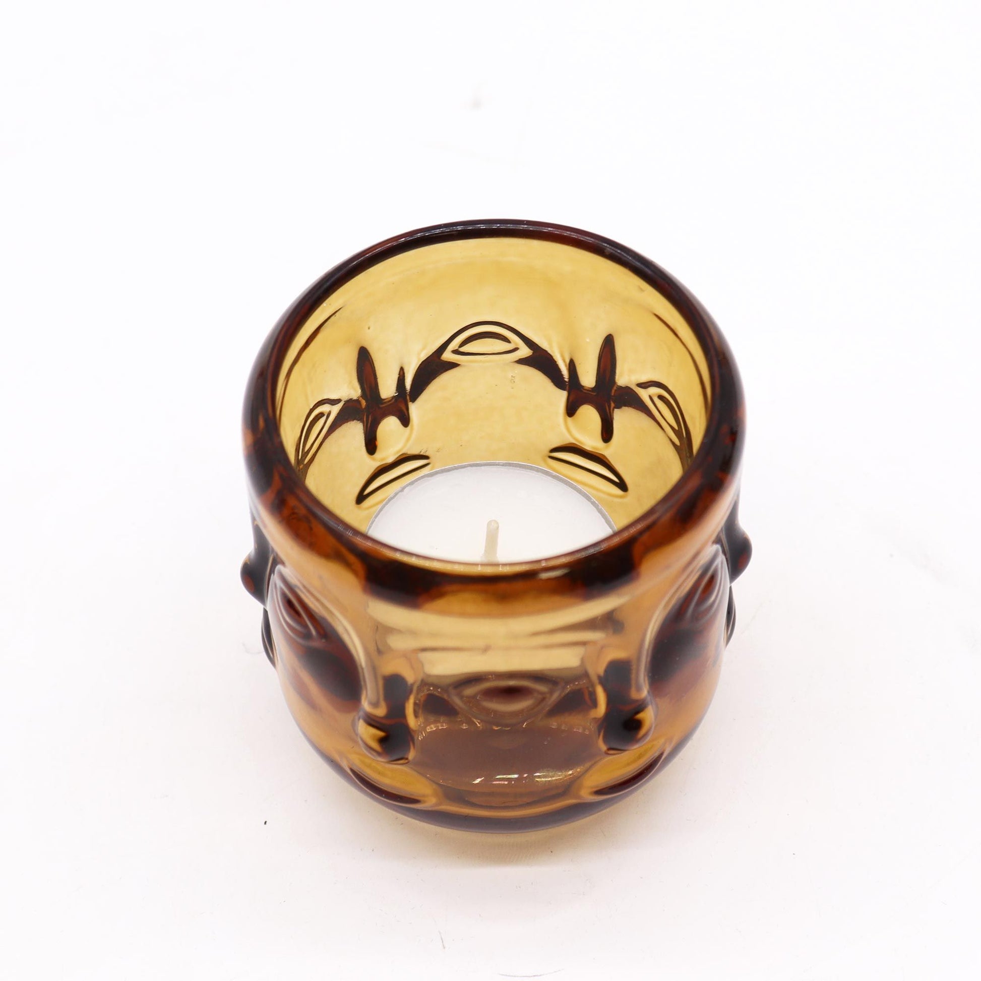 Antique amber pressed glass Buddha Faces candle jar for tealights
