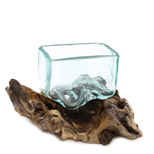 Small molten glass tank bowl on natural gamal wood stand for air plants and terrarium displays UK