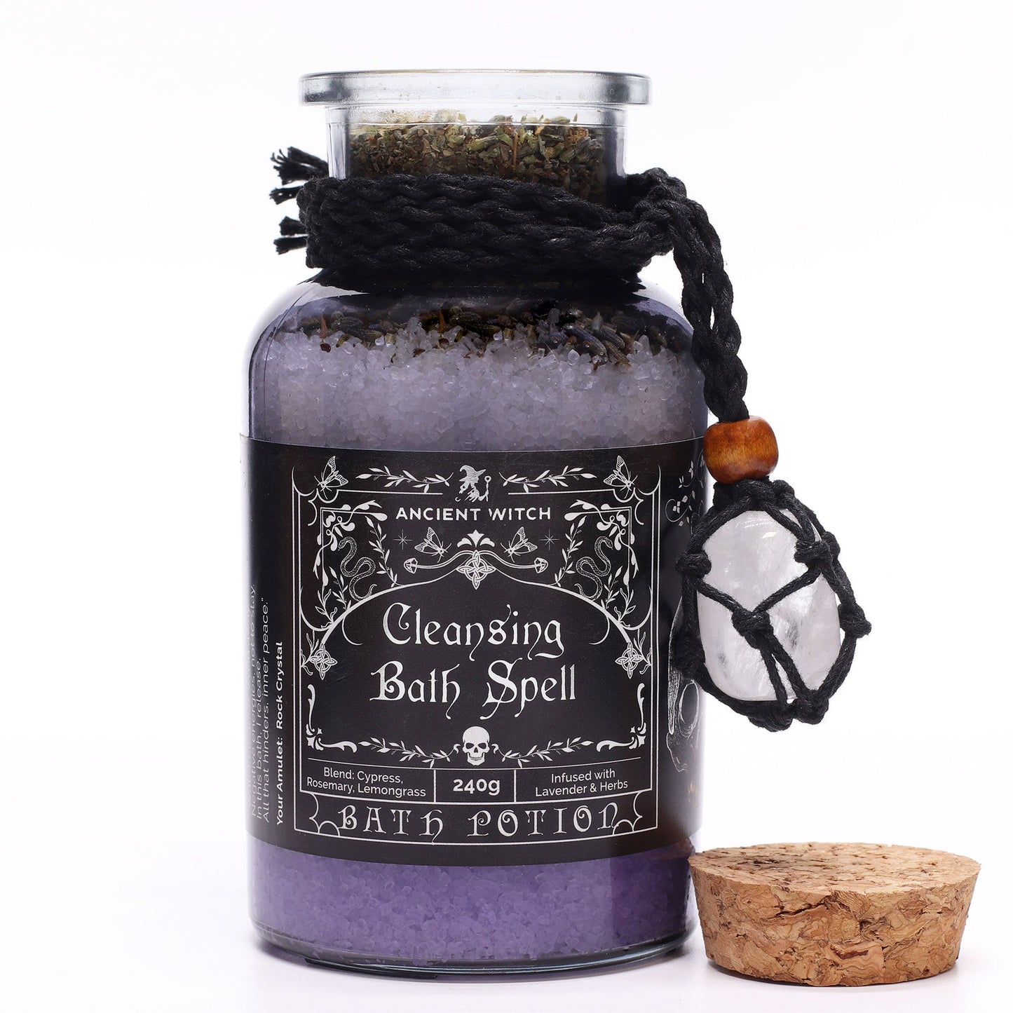 Ancient Witch Bath Spell Potion – ritual bath salts with rock crystal amulet for cleansing and intention setting