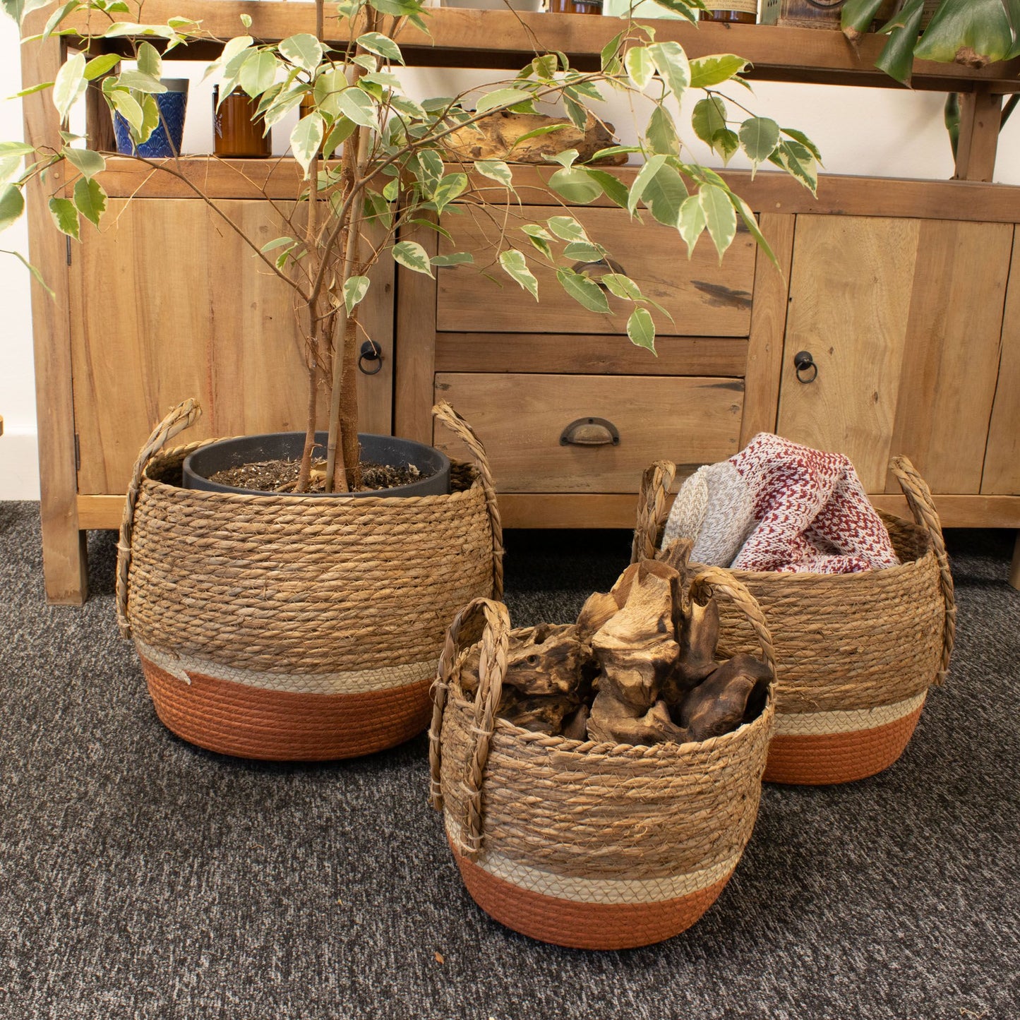 Straw & seagrass large baskets natural and orange – set of 3 woven storage baskets with handles for boho home organisation