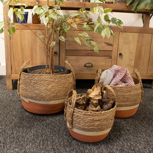 Straw & seagrass large baskets natural and orange – set of 3 woven storage baskets with handles for boho home organisation