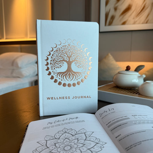 White wellness journal with rose gold Tree of Life design on the cover and 120 guided wellbeing pages