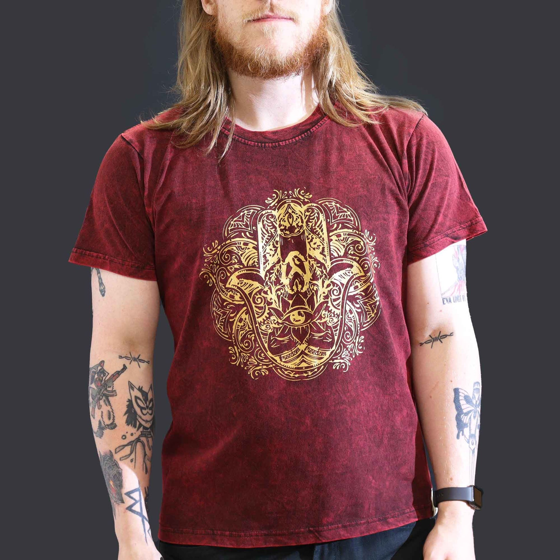 Large stone washed maroon Hamsa spiritual t-shirt