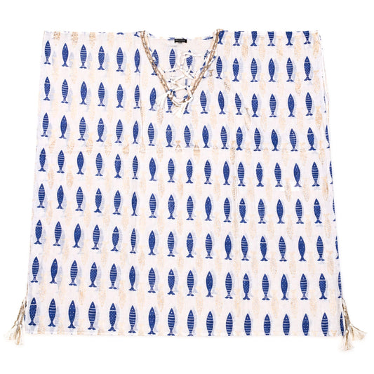 Nomad Sari On the Med Collection - Kaftan - White & Blue Bold Fish Print