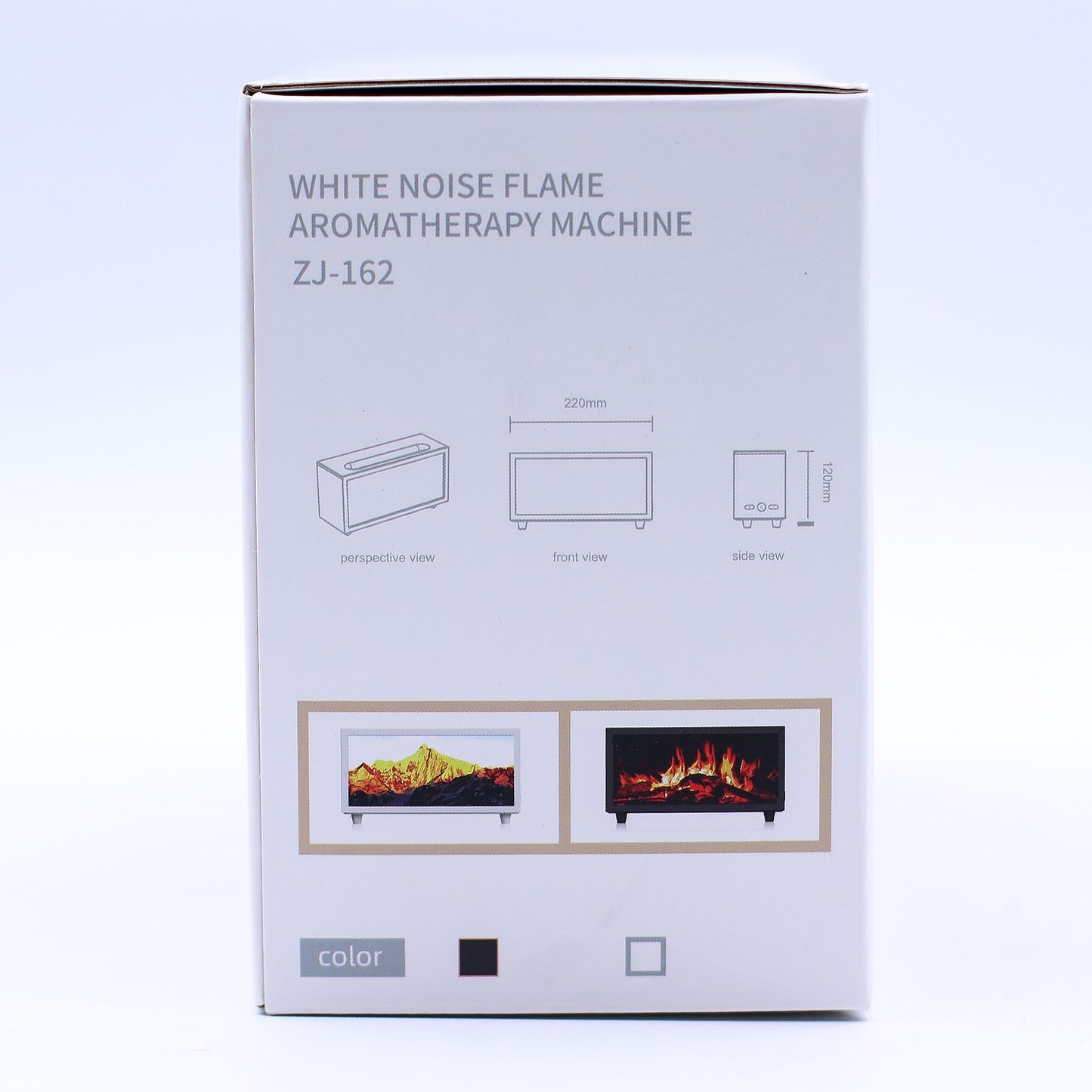 Box labeled "WHITE NOISE FLAME AROMATHERAPY MACHINE ZJ-162" displays line drawings annotated "perspective view", "front view", "side view" with dimensions "220mm" and "120mm" and the word "color" on a plain white background.