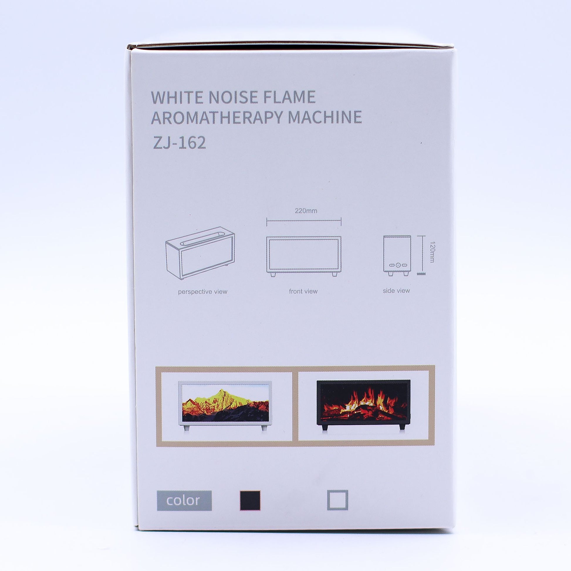 Box labeled "WHITE NOISE FLAME AROMATHERAPY MACHINE ZJ-162" displays line drawings annotated "perspective view", "front view", "side view" with dimensions "220mm" and "120mm" and the word "color" on a plain white background.