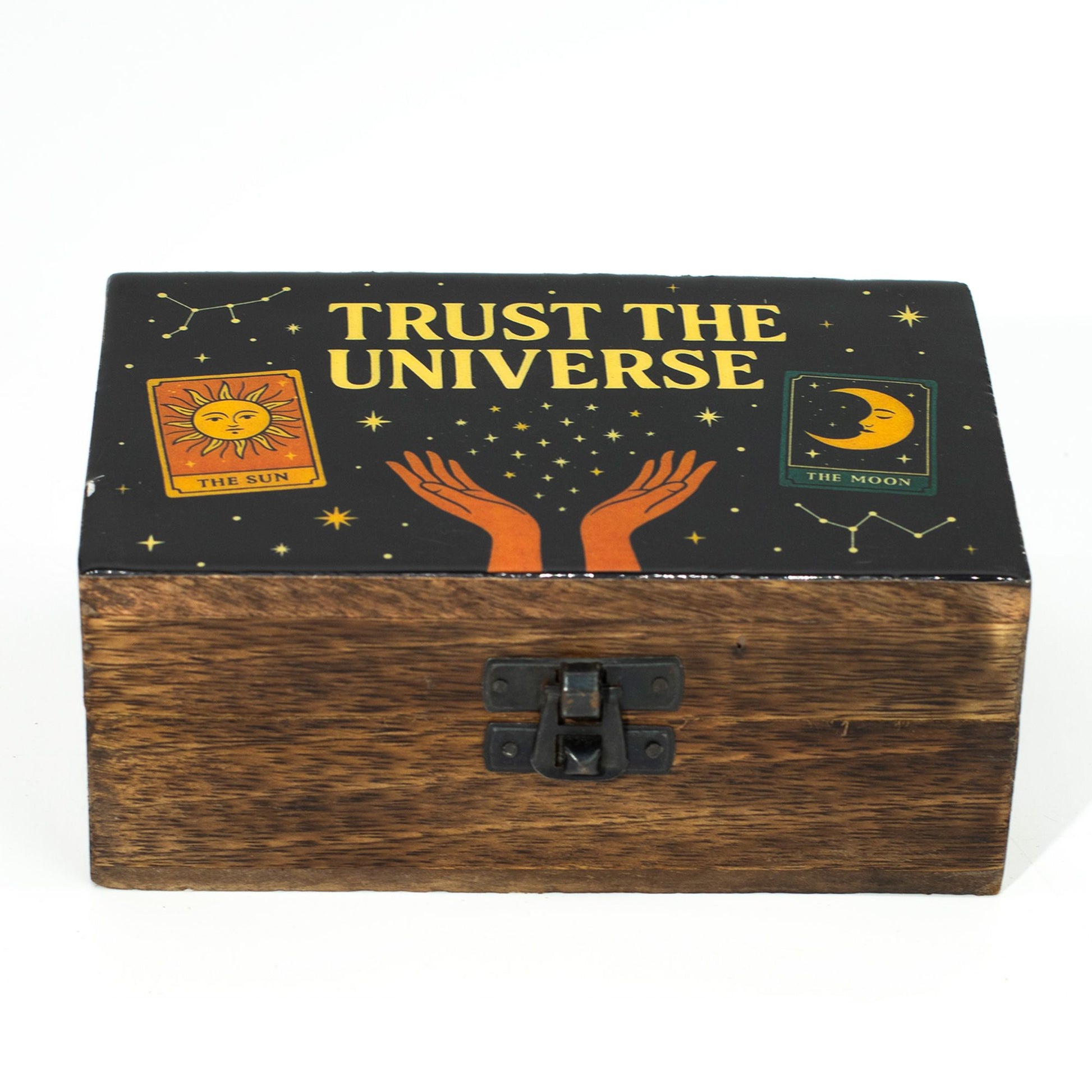 Trust the Universe medium enamelled mango wood box with celestial sun moon stars and open hands design