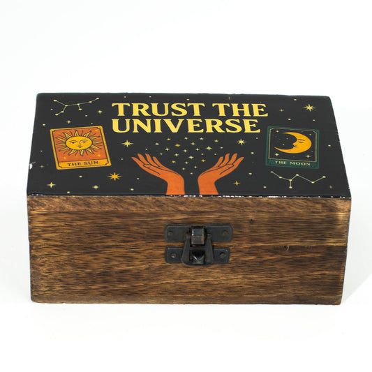 Trust the Universe medium enamelled mango wood box with celestial sun moon stars and open hands design