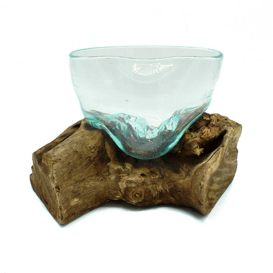 Artfully misshapen molten glass bowl shaped over natural gamal wood for boho home décor UK