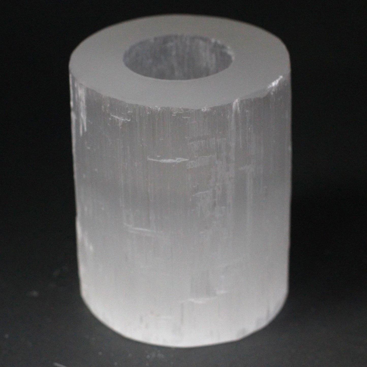 Selenite Cylinder Candle Holder medium 10 cm – natural selenite crystal candle holder for ambient light, energy cleansing and spiritual ambience